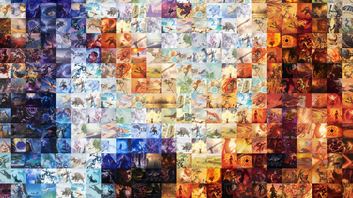 A photomosaic assembled from hundreds of Magic: the Gathering card illustrations
