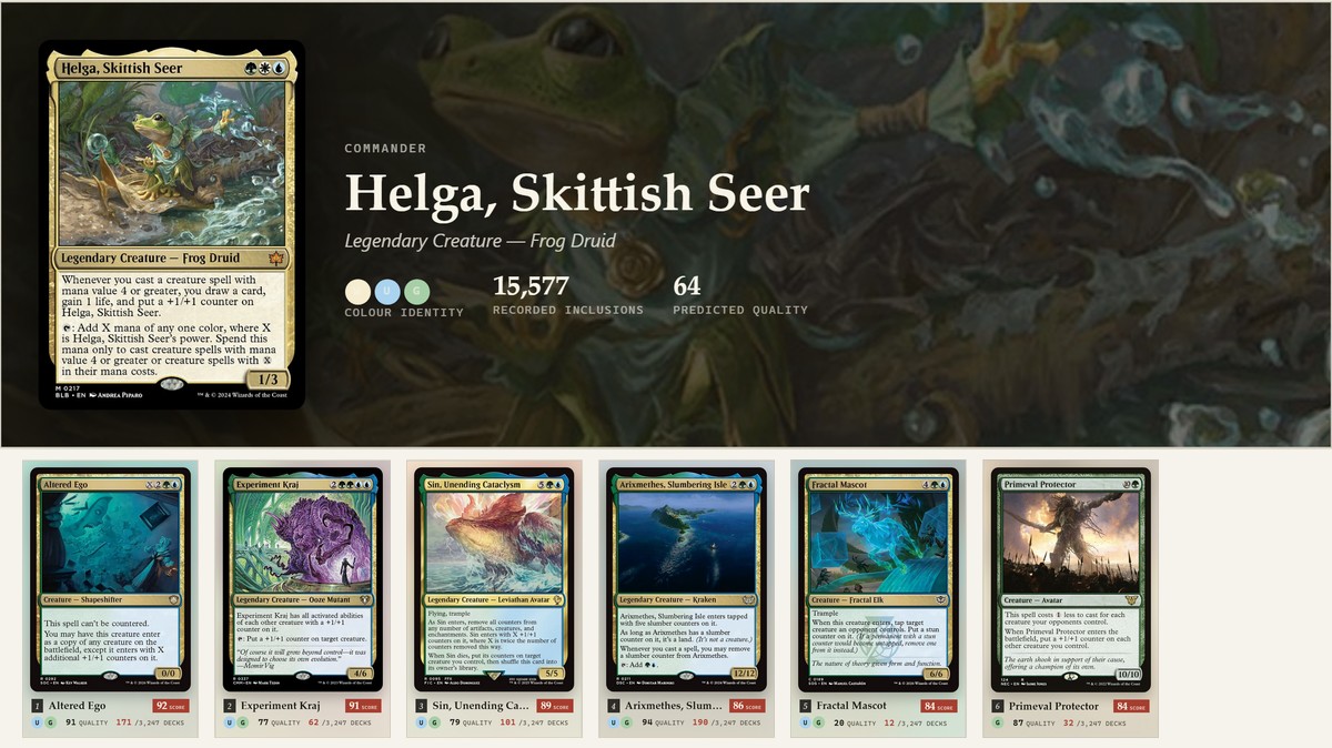 Wildgrowth, a Magic: the Gathering commander recommender showing ranked cards for Helga, Skittish Seer